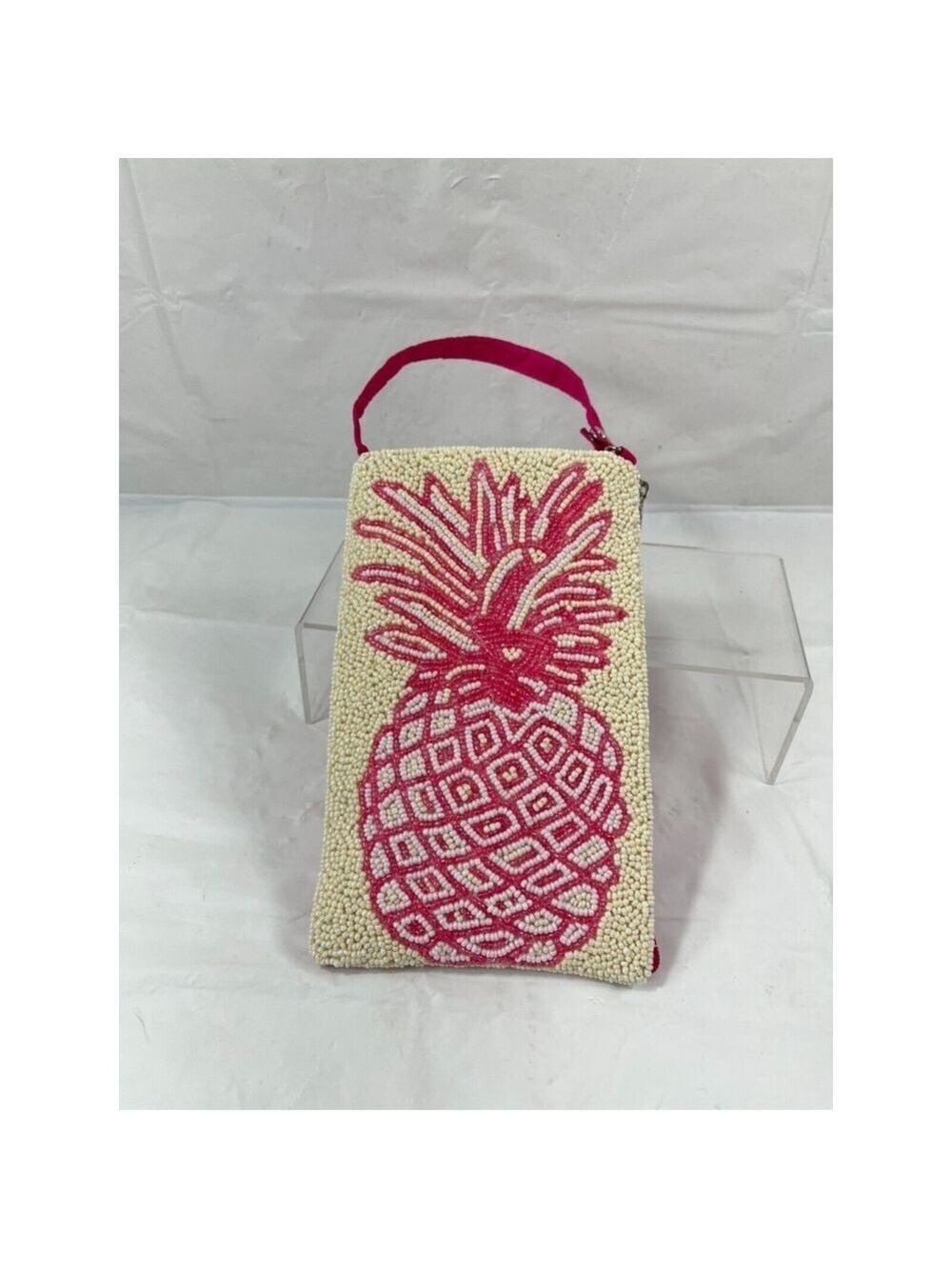 Bamboo Trading Company Pink & White Beaded Pineapple Crossbody Cell Bag Wristlet